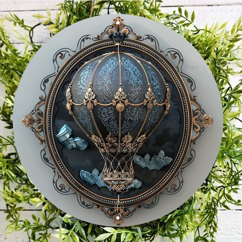 Hot Air Balloon Metal Wall Decor Sign, Round Aluminum Artwork with Ornate Paper Waterproof Pre-Drilled Garden Sign, Doily Design