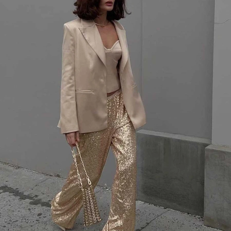 Elegant Sequined Pants Y2K Pearl Sequined Straight Mop Pants Spring and Autumn Fashion Commuter Women's Wear