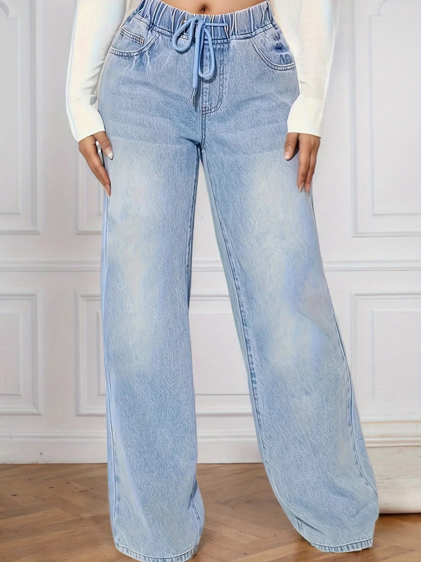 

Новые женские джинсы 2025 года с завязками, свободные брюки в пол с высокой талией, повседневный стиль, модно и универсально