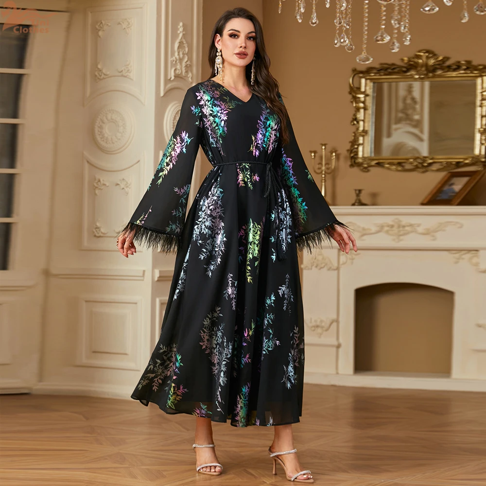 Elegant Print Abayas for Women Muslim Evening Party Dress Dubai Kaftan Kebaya Caftan Marocain Femme Robe Islam Jalabiya Vestidos