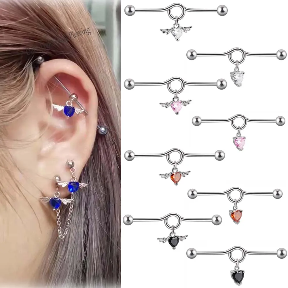 1PC Surgical Steel Heart Zircon Devil  Industrial Barbell Ring Earrings Straight Barbell Ear Cartilage Helix Piercing Jewelry