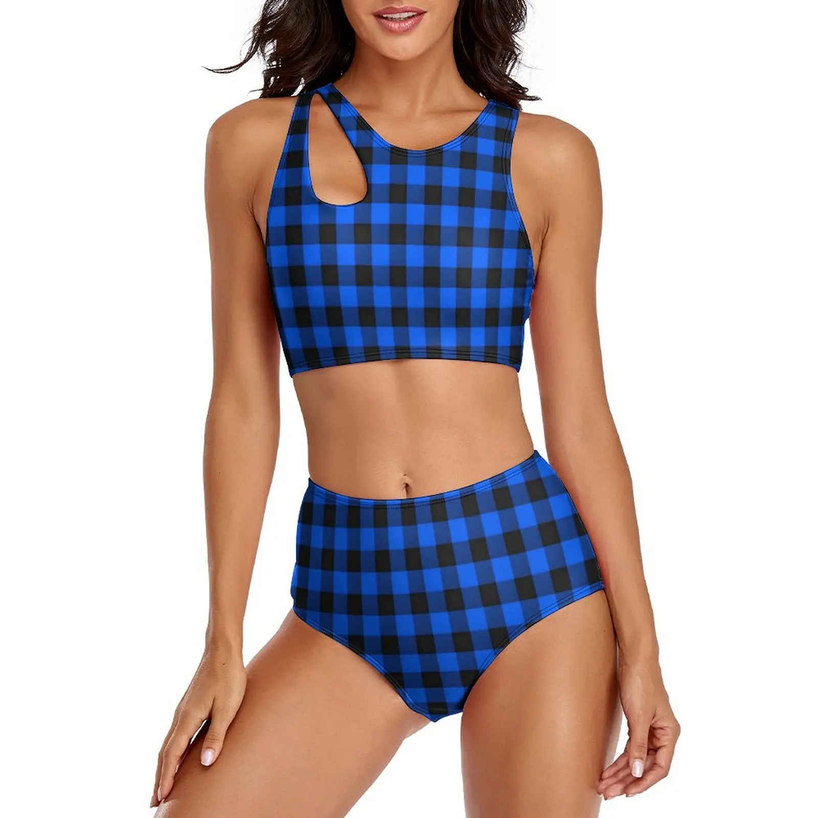 Blue Plaid Bikinis Set Retro Checkerboard Push Up Bikini Swimsuit Sexy High Waist Swimwear Rave Pattern Retro Bathing Suit