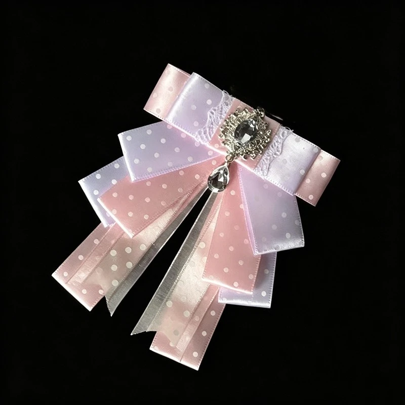 Polka Dot Rhinestone Pendant Bow Concert Support Stick Charm Lolita Women's Dress JK Shirt Collar Bow Brooch Handmade Accessory