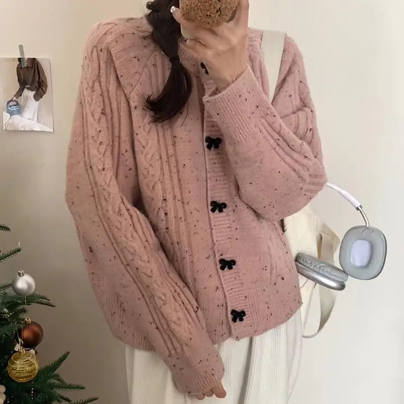 Korean Style Bow Red Sweater Coat Women Lazy Chic Soft Knit Cardigan Cozy Casual Outerwear Elegant Feminine Fashion Cute Kawaii