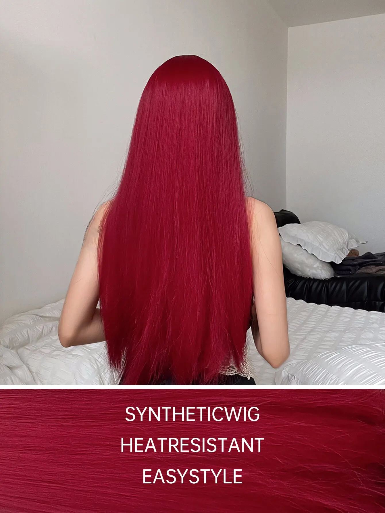 Long Wine Red Straight Wigs for Women Synthetic Hair Wig with Bangs Daily Party Natural Cosplay Heat Resistant Wig