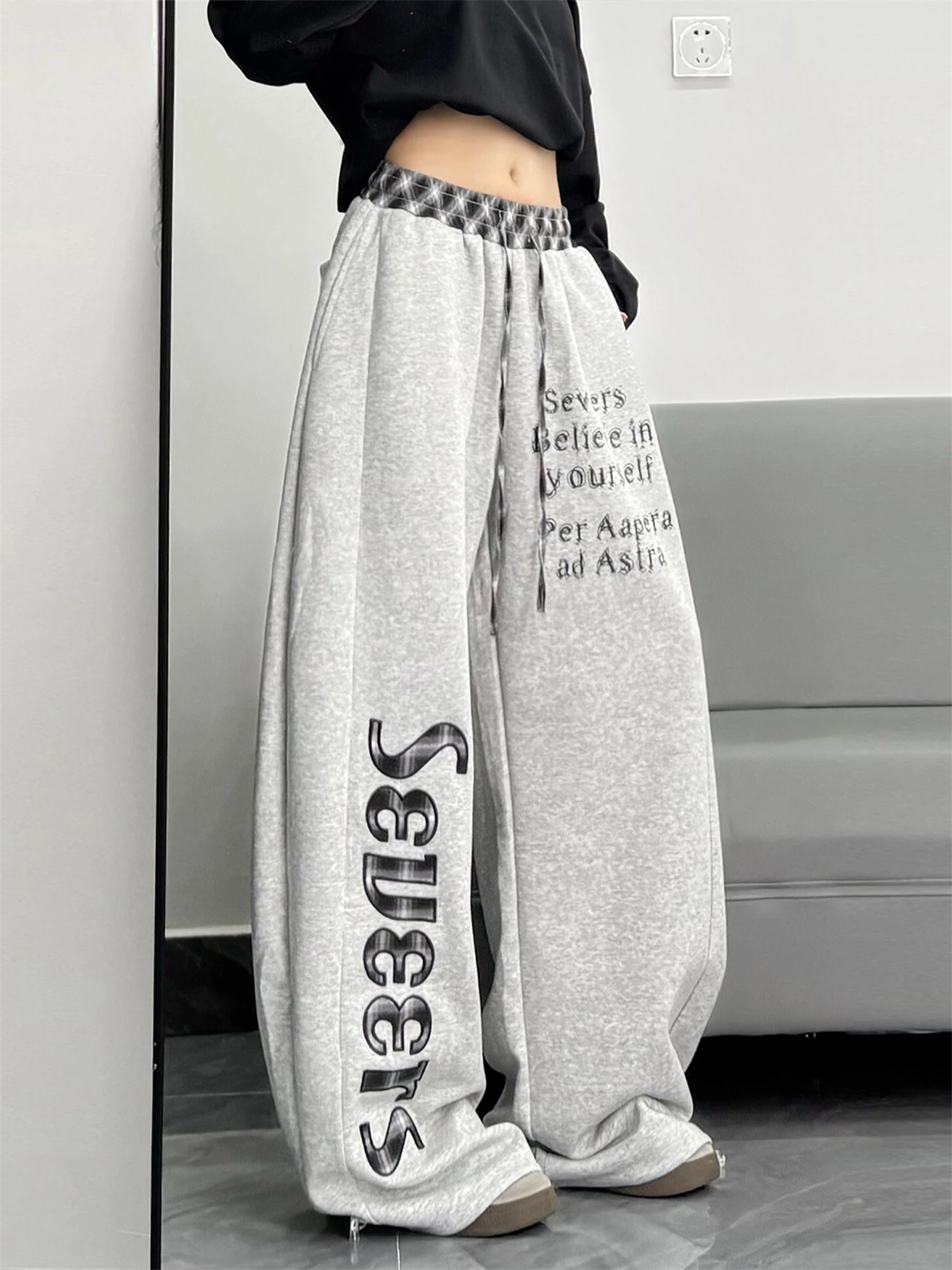 Y2K Women's New Style Sweatpants Plaid Waist Drawstring Letter Print Seveers Graphic Baggy Wide Leg Casual Streetwear Trousers