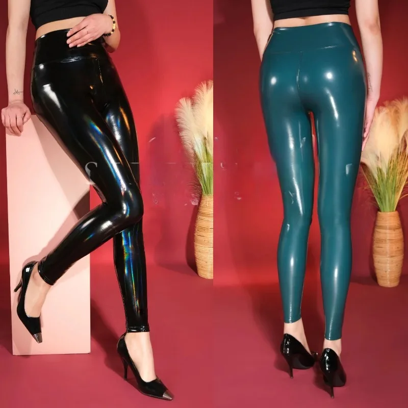 Women's PU Leather High Waist Leggings Elastic Trousers Plus Size Dark Green Sexy Shiny Fashion Clothing