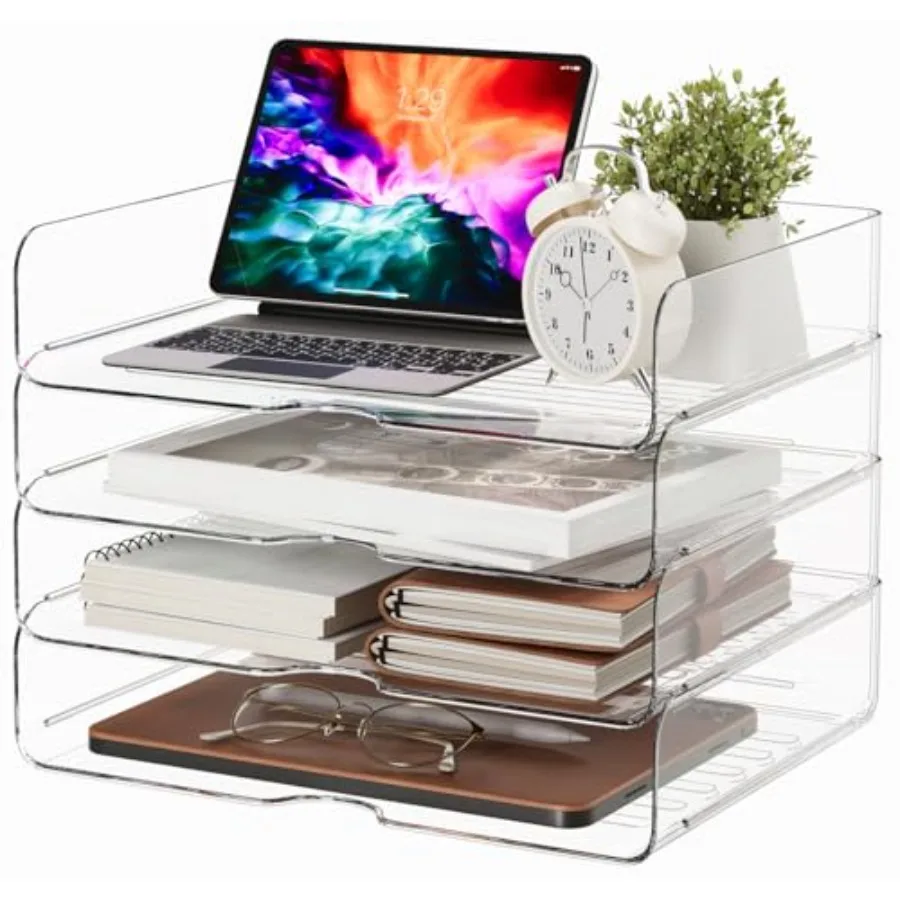 Organizador de escritorio apilable de 4 niveles de gran capacidad con bandejas de papel ajustables para uso en oficina, hogar y escuela, gestión eficiente de archivos