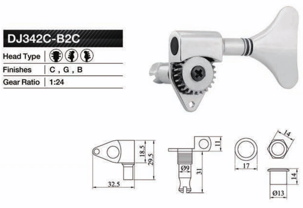 KAYNES Bass Tuners 1:24 Ratio Open Gear Tuning Key Pegs Machine Head Tuners for Electric Jazz Precision Instruments DJ342 Chrome