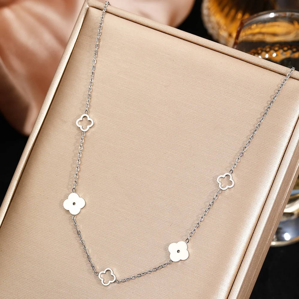 Stainless Steel Lucky Hollow Design Four-Leaf Clover Necklace Women's Simple Commuter Fashion Collarbone Chain Jewelry Gifts