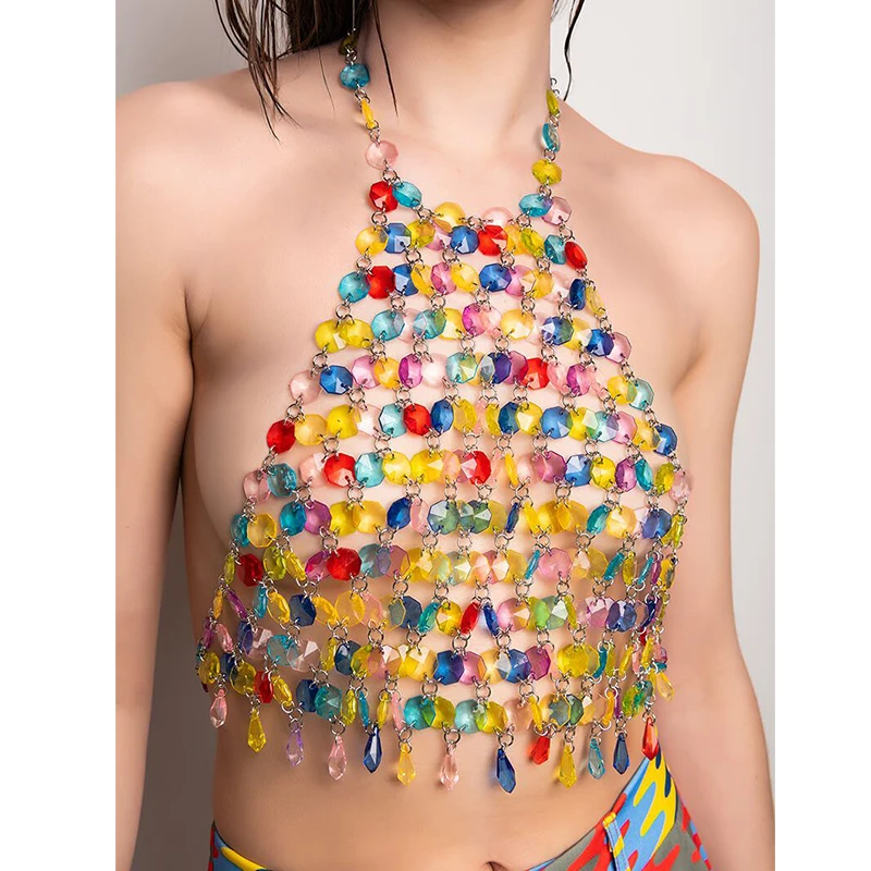 Women Handmade Sexy Tassel Gem Crop Top Rainbow Bright Crystal Fantasy Body Chain Harness Halter Top