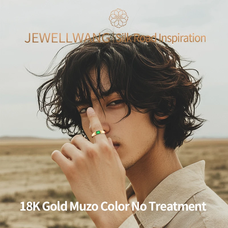 

JEWELLWANG Muzo Color Gender-Neutral Lab-Grown Emerald Ring18K Yellow Gold Genuine Gemstone Unique Men's Engagement Ring for Him