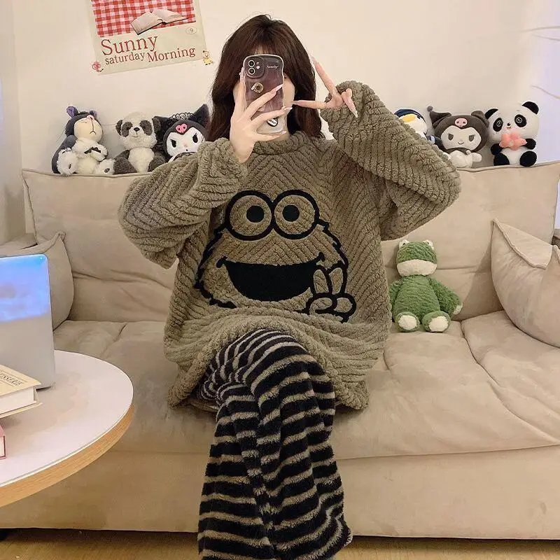 Kawaii الكرتون المرأة بيجامة الخريف الشتاء المرجان الصوف Pj مجموعة الفانيلا الدفء ملابس خاصة رشاقته ملابس النوم فتاة لطيف Homewear