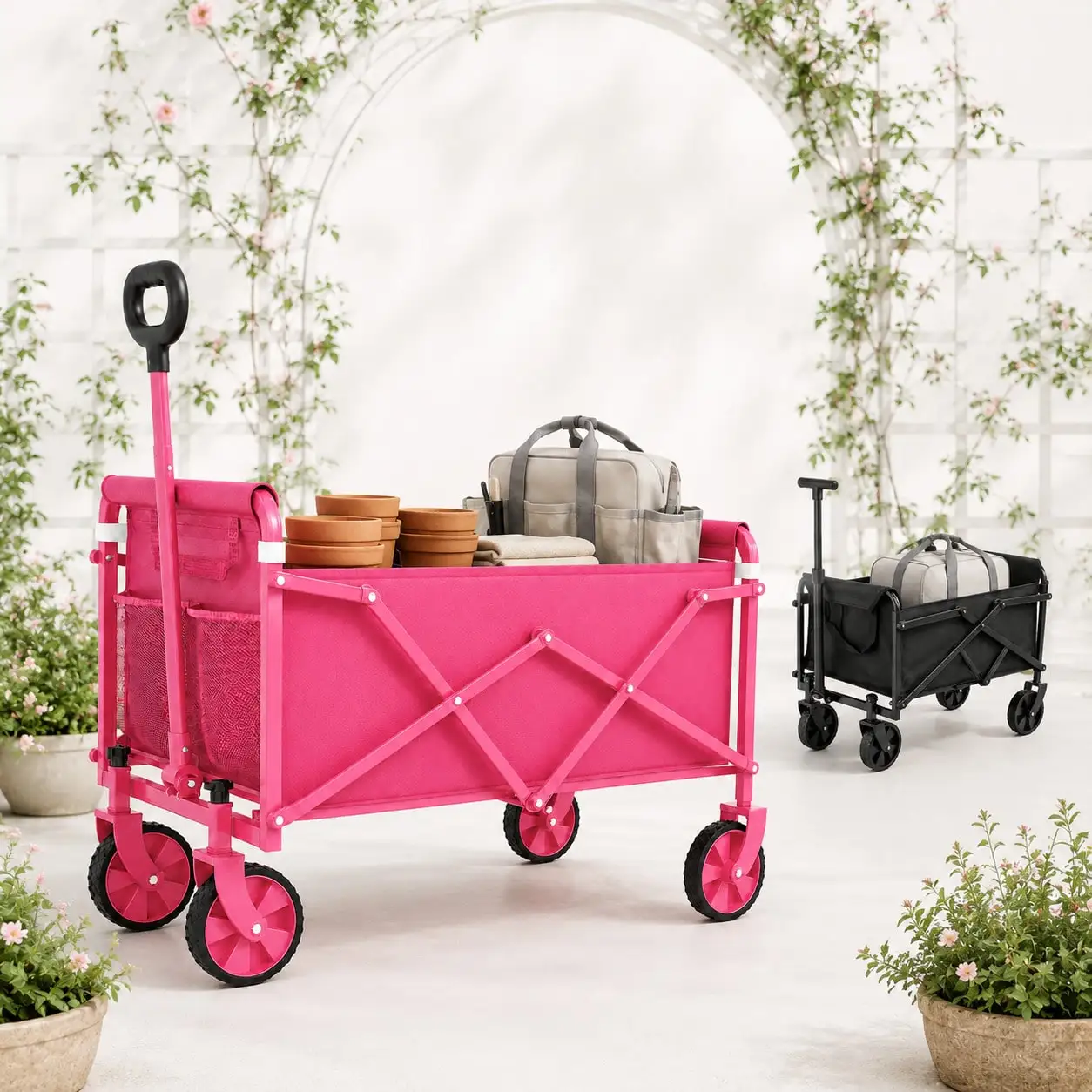 Pink Collapsible Folding Wagon Cart, Heavy Duty Outdoor Utility Garden Cart With Adjustable Handle And All-Terrain Wheels For Camping, Shopping, Sports And Gardening