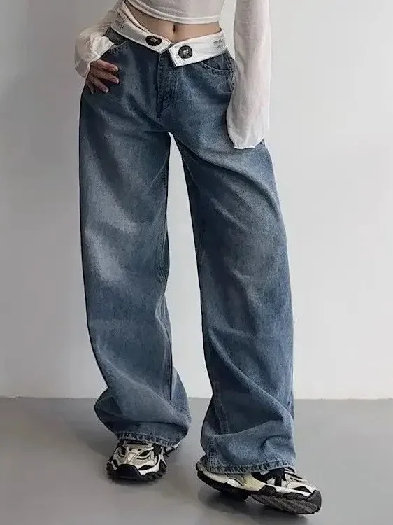 

American Sle High Waist Wide Leg Straight Jeans Visual Punk Streetwear Design Cuffed Denim Pants for Women