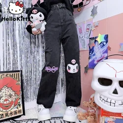 Sanrio Kuromi Jeans Harajuku Black Straight Leg Pants Women Cartoon Cute Loose Trousers Y2k Clothes Anime Japanese Style Jeans