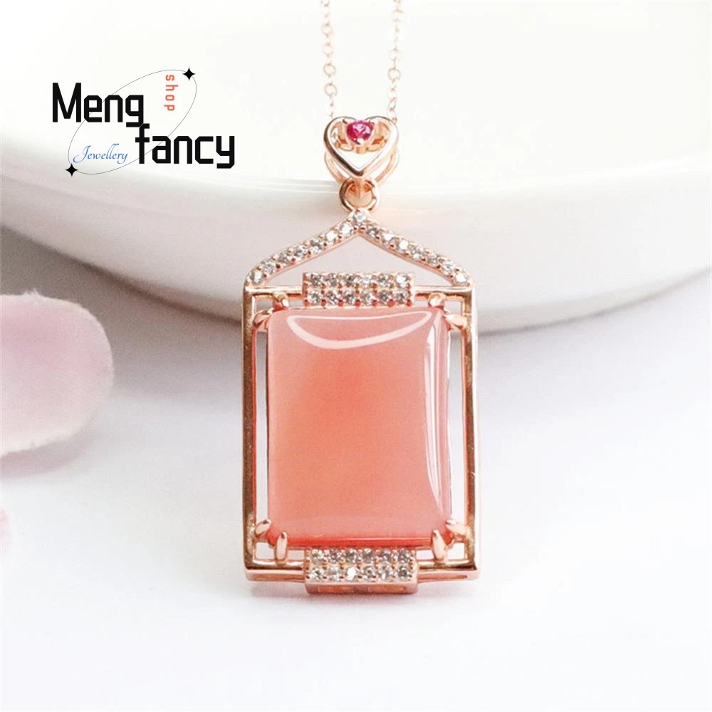 S925 Silver Lnlaid Natural Salt Spring Agate Ping An Wushi Square Plaque Pendant Charm Elegant High-grade Luxury Quality Jewelry