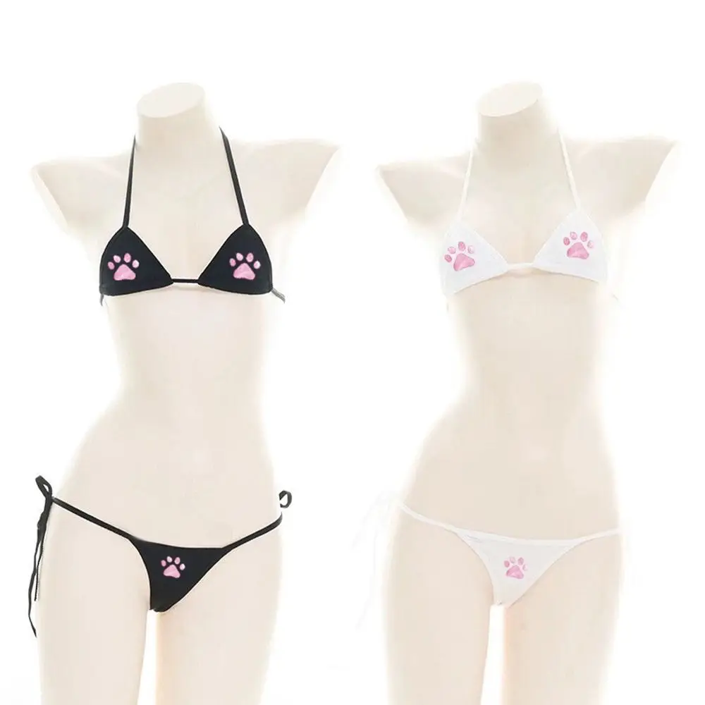 

Cute Lace Up Bra Panties Set Cosplay Beachwear Clothing Two Pieces Swimwear Bikini Cat Paw Lingerie Women