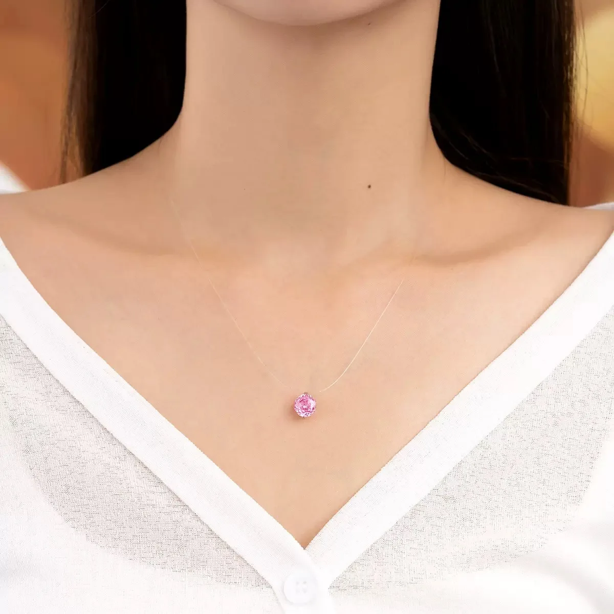 Simulated Moissanite Diamond Pink Octagon Rose Cut Pendant Necklace 925 Sterling Silver Fishing Line Fine Jewelry Choker Prata