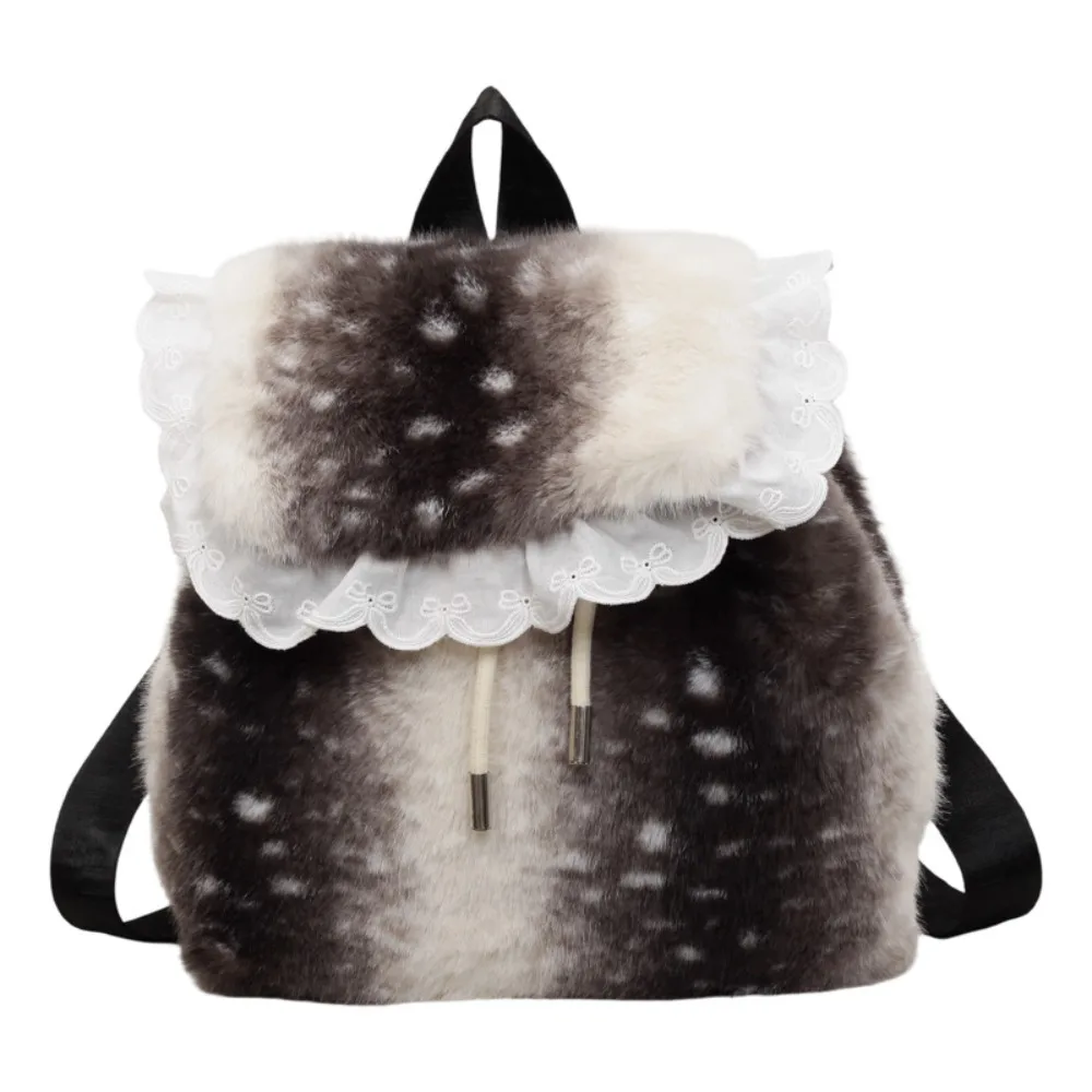 Women Handbag Leopard Print Fluffy Shoulder Bag Deer Spot Soft Backpack Warm Korean Style Drawstring School Bag Daily