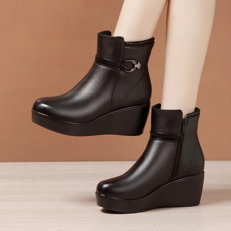 6cm Small Size 32-43 Genuine Leather Boots Platform Wedges Shoes 2024 Winter Womens Med Heels Thick Bottom Snow Ankle Boots