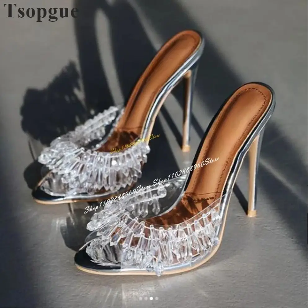 

Sparkling Transparent PVC Crystal Decor Slippers Thin High Heel Women Shoes Slip On Peep Toe 2024 Fashion Zapatos Para Mujere