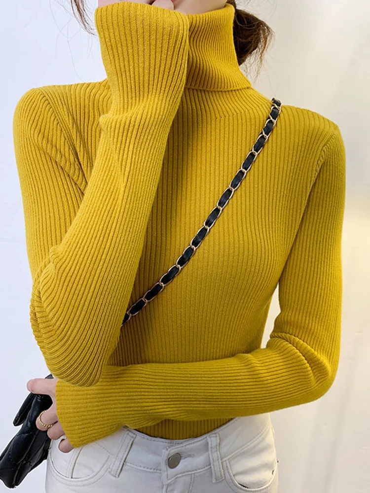 New 2022 Women Pullover Turtleneck Sweater Autumn Long Sleeve Slim Elastic Korean Simple Basic Cheap Jumper Solid Color Top