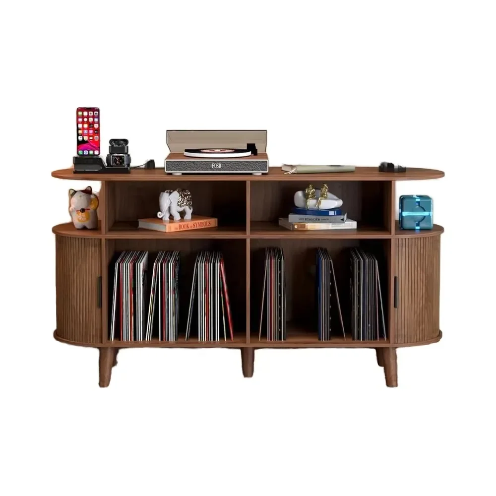 Mid Century Modern Walnut Record Player Stand USB Charging Station Large Storage Cabinet for CDs Home Furniture for Bedroom