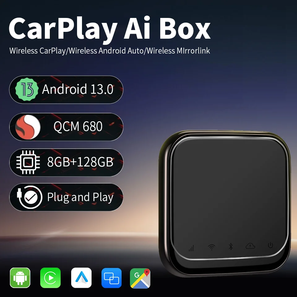 Acodo AI Box Wireless CarPlay Android Auto Mlrrorlink Android13 Car Adapter Plug and Play 3in1 Use Qualcomm 6225 chip 8G 128G