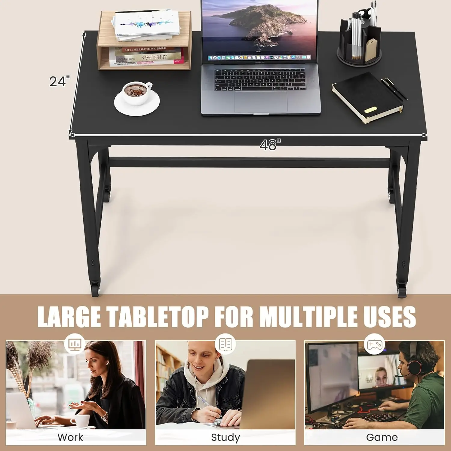 48' Mobile Computer Desk, Rolling Laptop Table with Lockable Wheels, Metal Frame, Black
