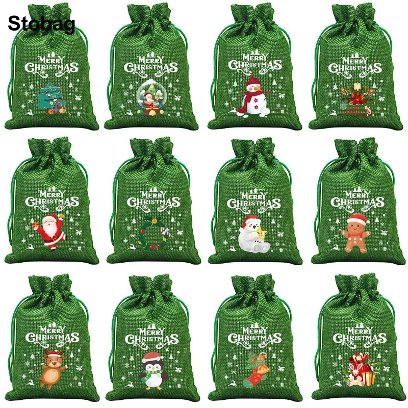 

StoBag 5pcs Merry Christmas Linen Drawstring Bags Small Kids Candy Gift Storage Packaging Bundle Pocket Pouches Party Favors