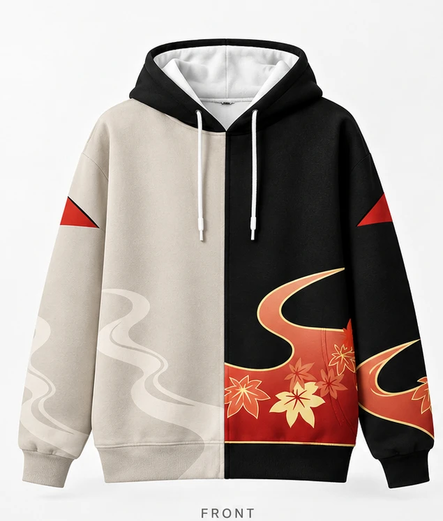 2026Japanese Style Hoodie Beige Black Split Color Maple Leaf Flame Cloud Print Pullover Anime Aesthetic Hooded Sweatshirt Unisex