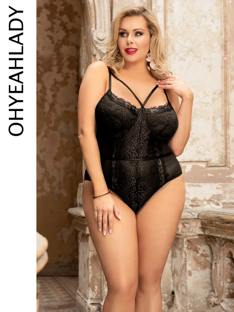 Ohyeahlady Soft Lace Leotard Oversized Strap Bodysuits Sexy Curve Teddy Babydoll Lady Rompers Lingerie Sheer Crotchless Jumpsuit