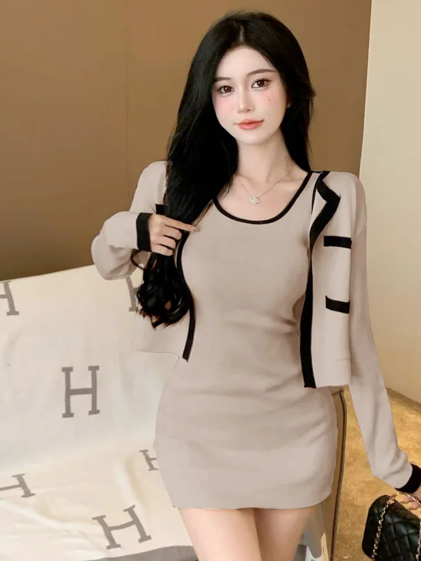 2023 Spring Autumn New Women\'s Sexy Temperament Knitted Cardigan Coat Slim Wrap Hip Tank Top Dress Fashion Two Piece Set WHH4