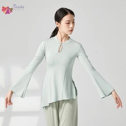 Women Classical Dance Wear Top Chinese Style Cheongsam Neck Flared Sleeve Hem Split Hanfu Performance Clothes Line Stage Blouse