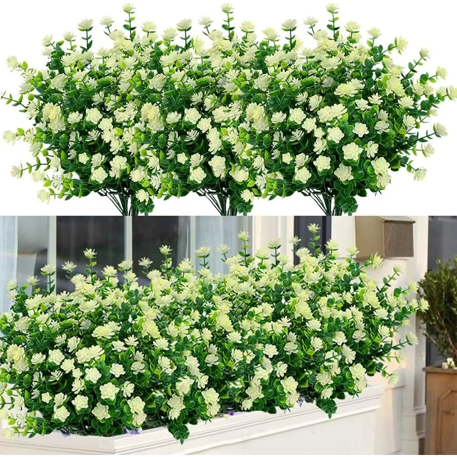 

6 Bundles Outdoor Artificial Flowers UV Resistant Fake Boxwood Plants Faux Plastic for Indoor Outside Hanging Plants Garden Por