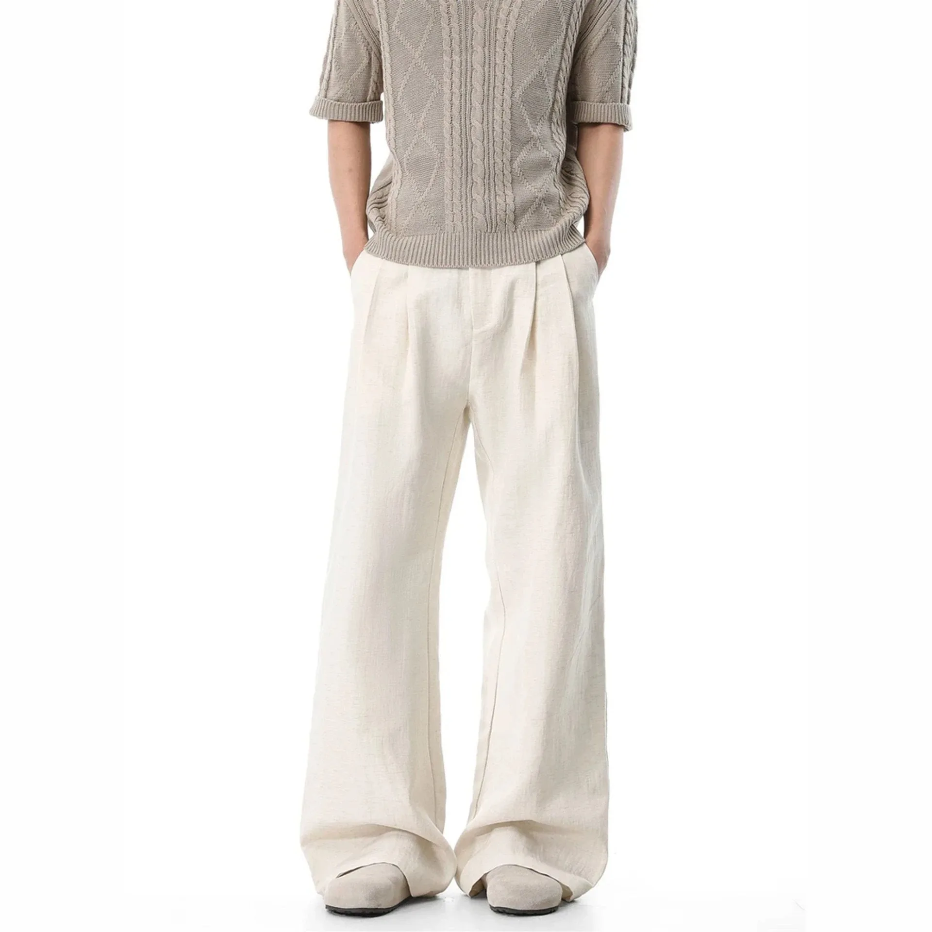 Linen Men's 2026 Summer New Drape Feeling Old Money Style Casual Pants High Sense Straight Wide Leg Scimitar Pants