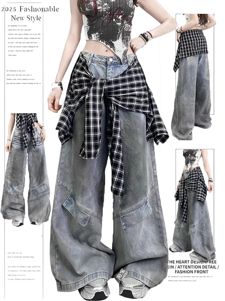 

Ретро американские клетчатые джинсы из двух частей, женские свободные брюки BF для уличных джазовых танцев, широкие синие джинсовые брюки с высокой талией