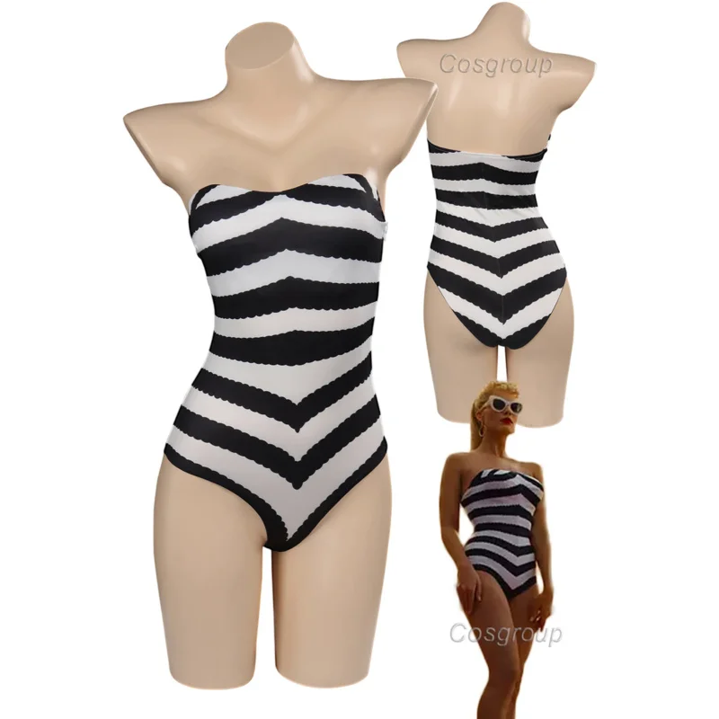 Margot Cosplay Sexy Black White Stripped Swimsuit Summer Women Costume 2024 Movie Barbei Fantasia Halloween Beach Party Disguise