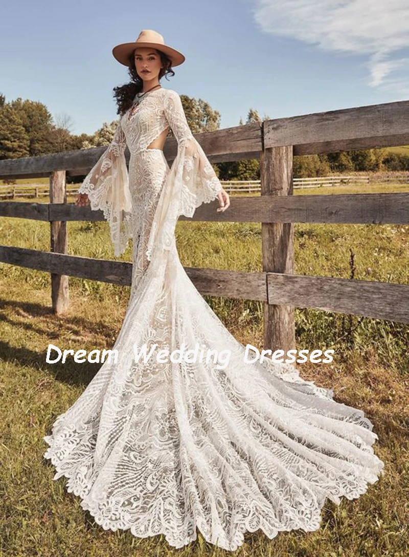 Robe de mariée bohème en dentelle à col rond personnalisée, robe de mariée sirène longue découpée, fente dos nu, patients Boho de plage, quoi que ce soit