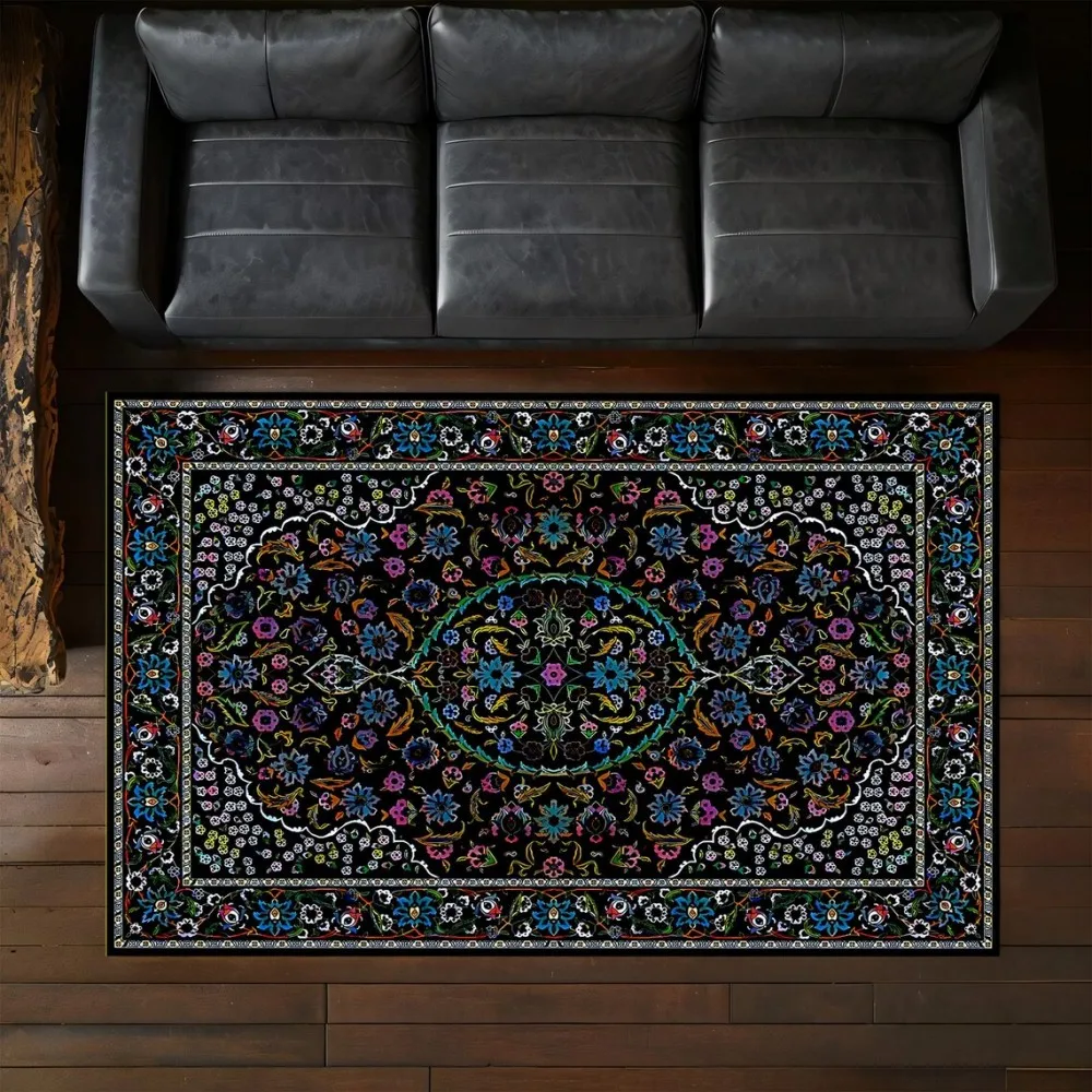 Vintage Persian Area Rug Traditional Black Floral Luxury Carpet For Living Room Retro Palace Bedroom Sofa Decor Floor Mat Large