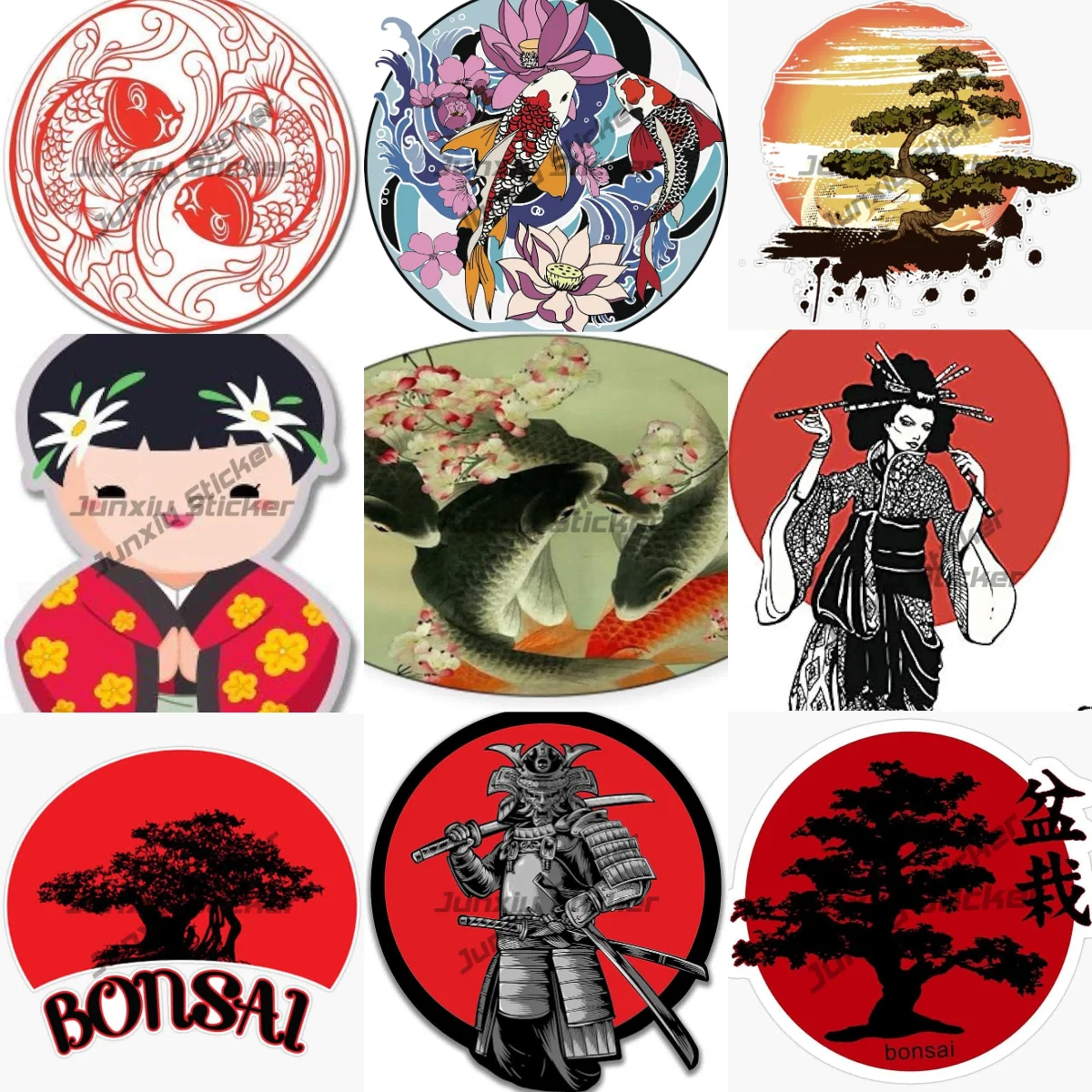 Cool Pretty Kawaii Japanese Geisha Cartoon Carp Fish Waterproof Vinyl Decal Black Red Tree Japan Bonsai Asia East Botanical PVC