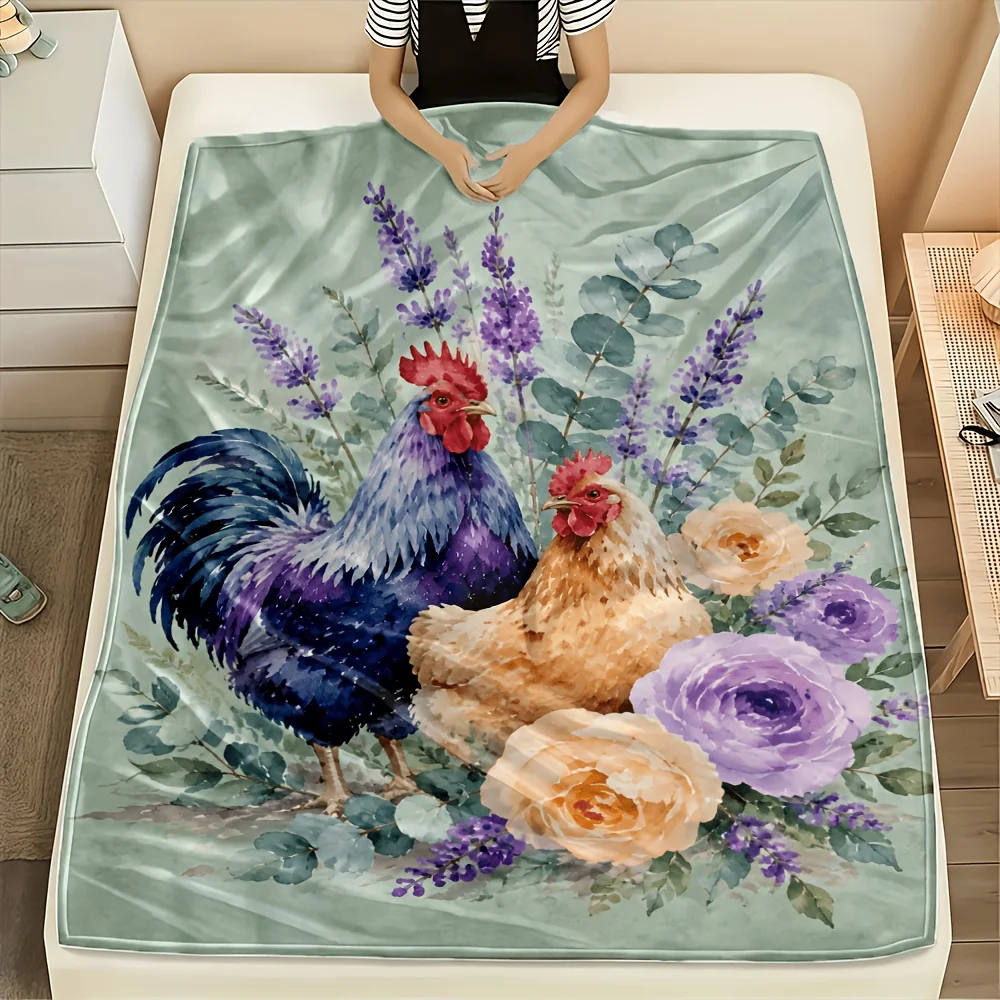 1pc Watercolor Blue Purple Chicken Printed Flannel Blanket, Ultra Soft Cozy Premium Plush, All-Season Use, Machine Washable, Multi Sizes, 280GSM Heavyweight, for Bedroom, Sofa, Home Goods, Winter Warm Cozy Plush Throw, Pastoral Style Gift