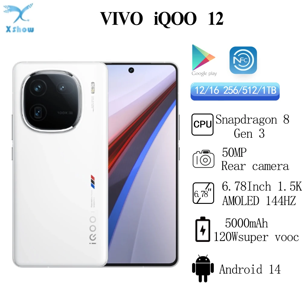 Original ViVO iQOO 12 Snapdragon 8 Gen 3 50MP Rear Camera 6.78'' 1.5K AMOLED 144Hz 5000mAh 120W SuperVOOC  Android 14 NFC OTA