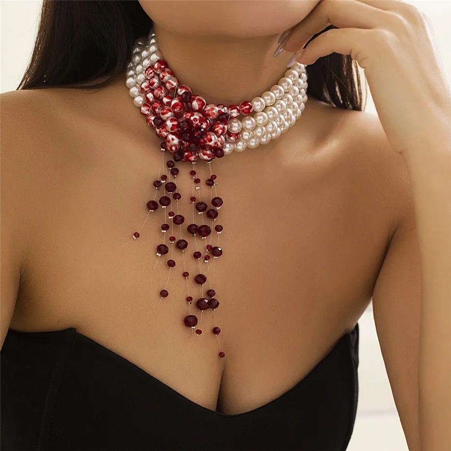 Goth Vintage Rote Blut Muster Imitation Perle Kette Halskette für Frauen Mi Braut Lange Quaste Perlen Anhänger Halloween Schmuck – Detail 3