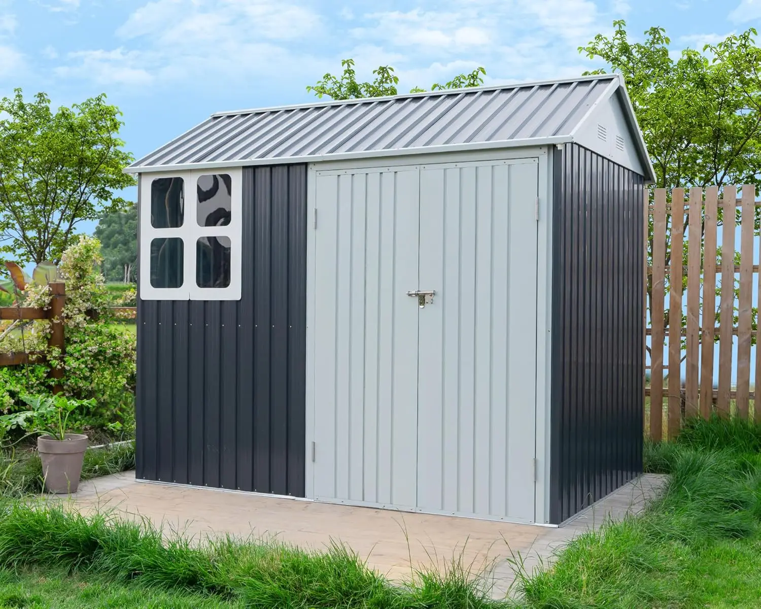 8x6x7.5 FT Shed 4-pane Window Nordic Cottage Storage Shed Outdoor Metal Garden House Double Hinged Lockable Doors