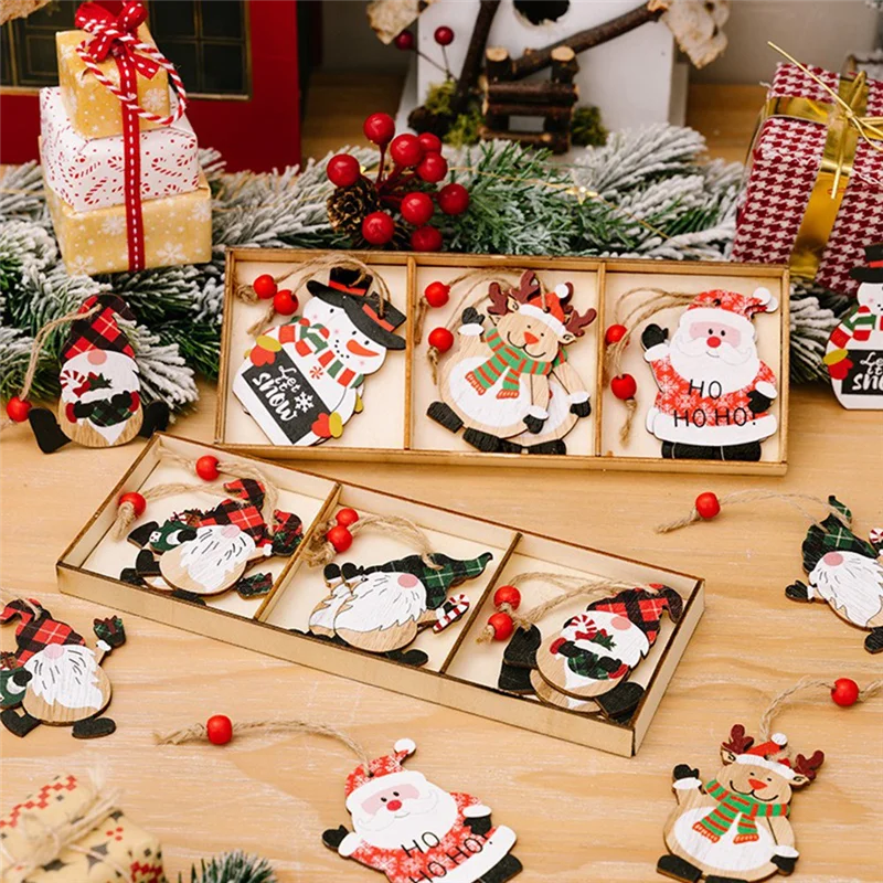 الترويج! عيد الميلاد الحلي صندوق خشبي الكرتون الطباعة ثلج جنوم الرجل العجوز عيد الميلاد شجرة خشبية قلادة دائم سهلة Inst #2