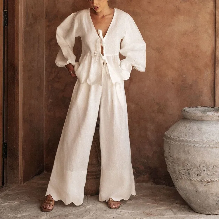 Damen 2-teiliges Set mit V-Ausschnitt Langarm-Bluse und Weiter Hose, Trainingsanzug für Frühling und Sommer, Lässiges Lounge-Set