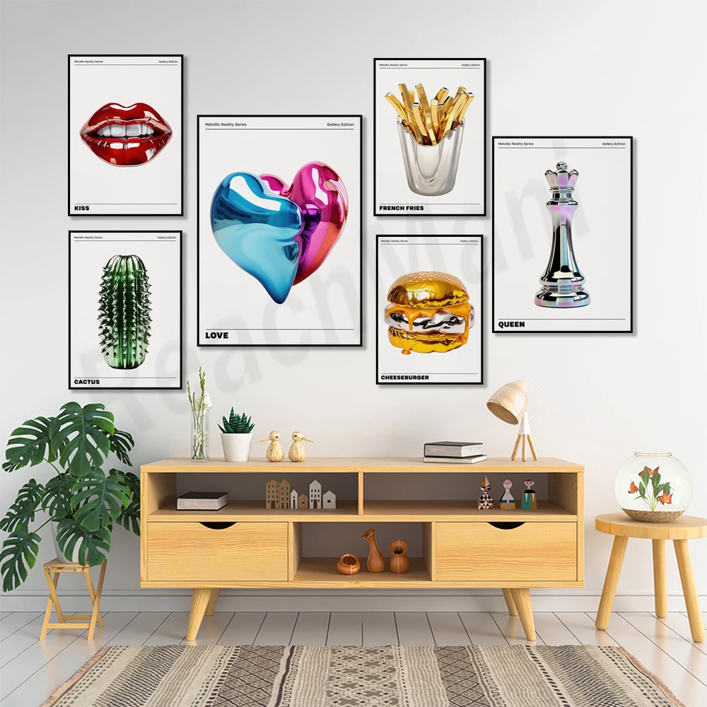 Strawberry, cactus, pineapple, chess piece, french fries, ice cream, heart wall decor, vivid chrome holographic poster print