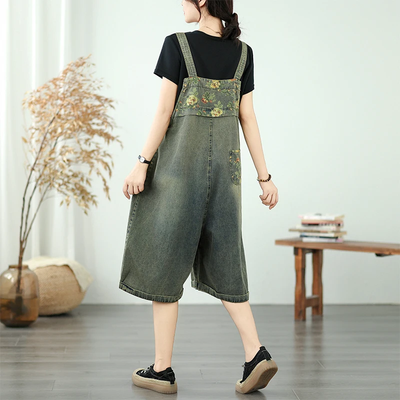 New Women's ort Denim Overalls Patchwork Print Thin Casual orts Pants Five-Quarter Length l Waist Summer Faion